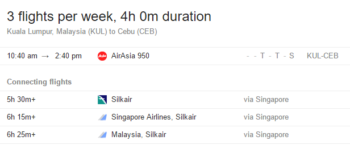 Flight schedule from Kuala Lumpur to Cebu, subject to change